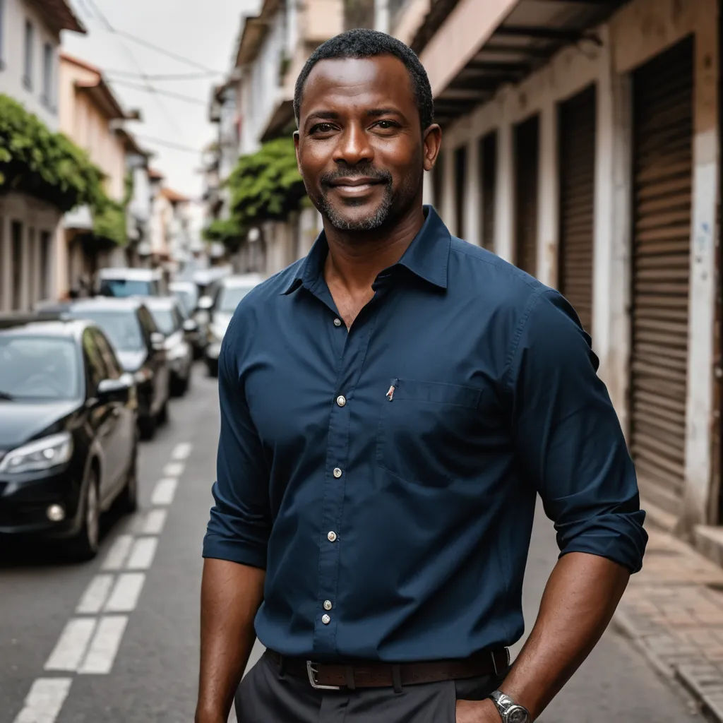 a man standing in the middle of a street with cars parked on both sides of the street and buildings on both sides, black arts movement, a character portrait, Bernard Accama, character portrait