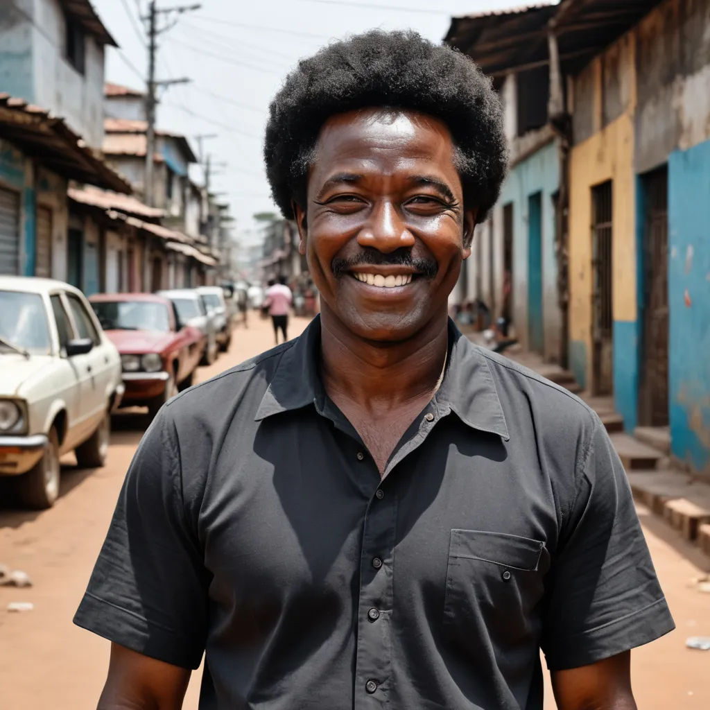 a man with a mustache standing in a street in a small town with parked cars and a building with a sign on it, afrofuturism, a character portrait, Bruce Onobrakpeya, portrait photography