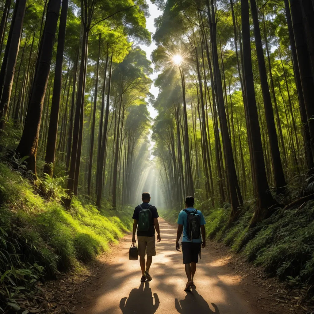 two people walking down a path in the woods with a sunbeam in the background and a forest path with trees, naturalism, a stock photo, Ai-Mitsu, japan