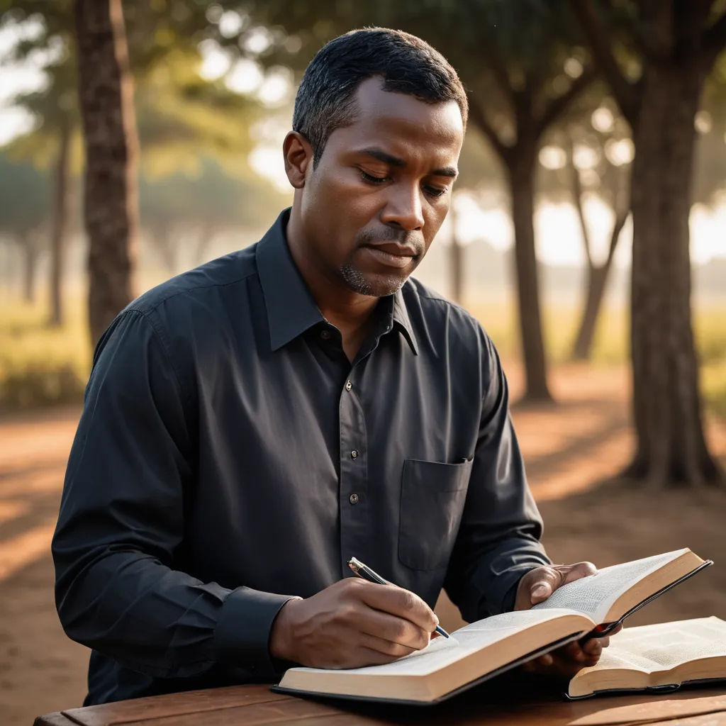 a man sitting at a table with a book and pen in his hand and writing on a notebook in front of him, art & language, a stock photo, Bruce Onobrakpeya, hard focus
