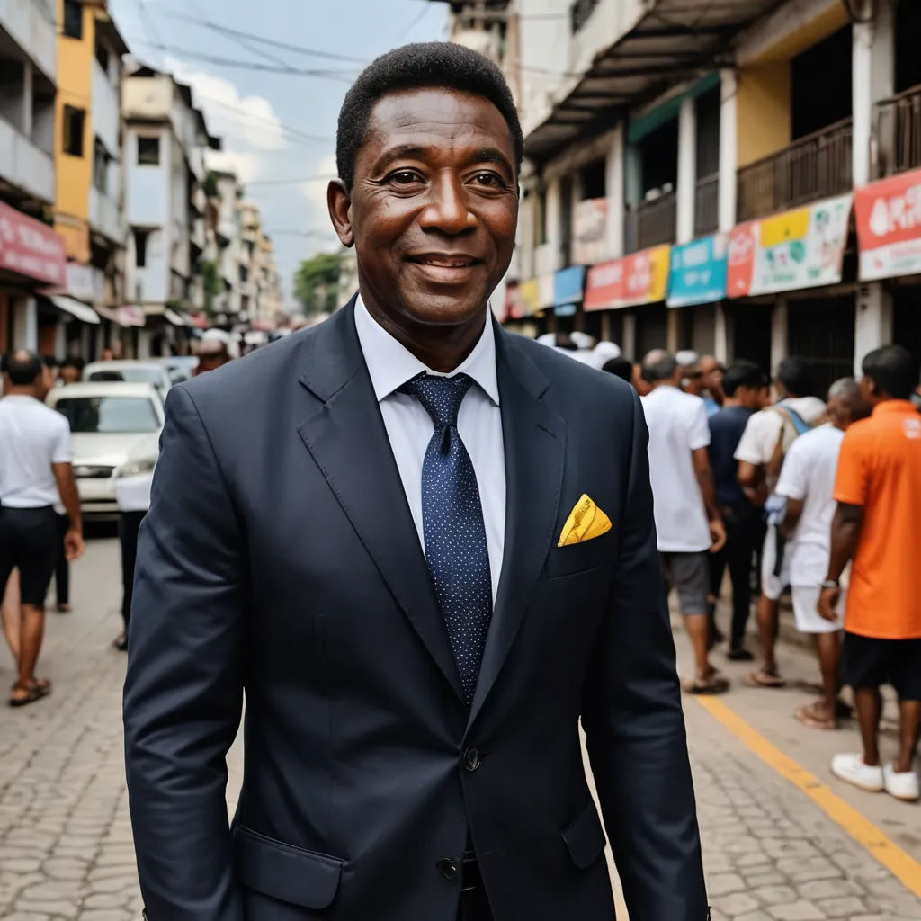 a man in a suit and tie standing on a street corner with people in the background and buildings in the background, private press, a character portrait, Bruce Onobrakpeya, professional photo