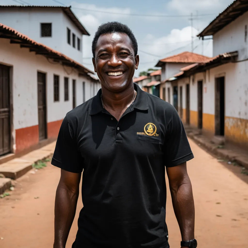 a man standing in a street with a building in the background and a sky background behind him, smiling, private press, a character portrait, Bruce Onobrakpeya, profile picture