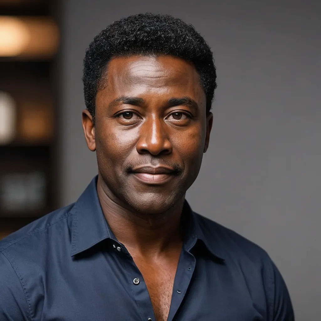 a man with a black shirt and a blue shirt is smiling at the camera with a serious look on his face, black arts movement, a character portrait, Bruce Onobrakpeya, profile picture