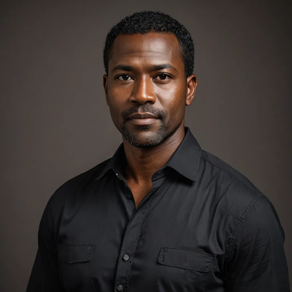a man in a black shirt is posing for a picture with a dark background and a black background behind him, black arts movement, a character portrait, Derold Page, portrait photography