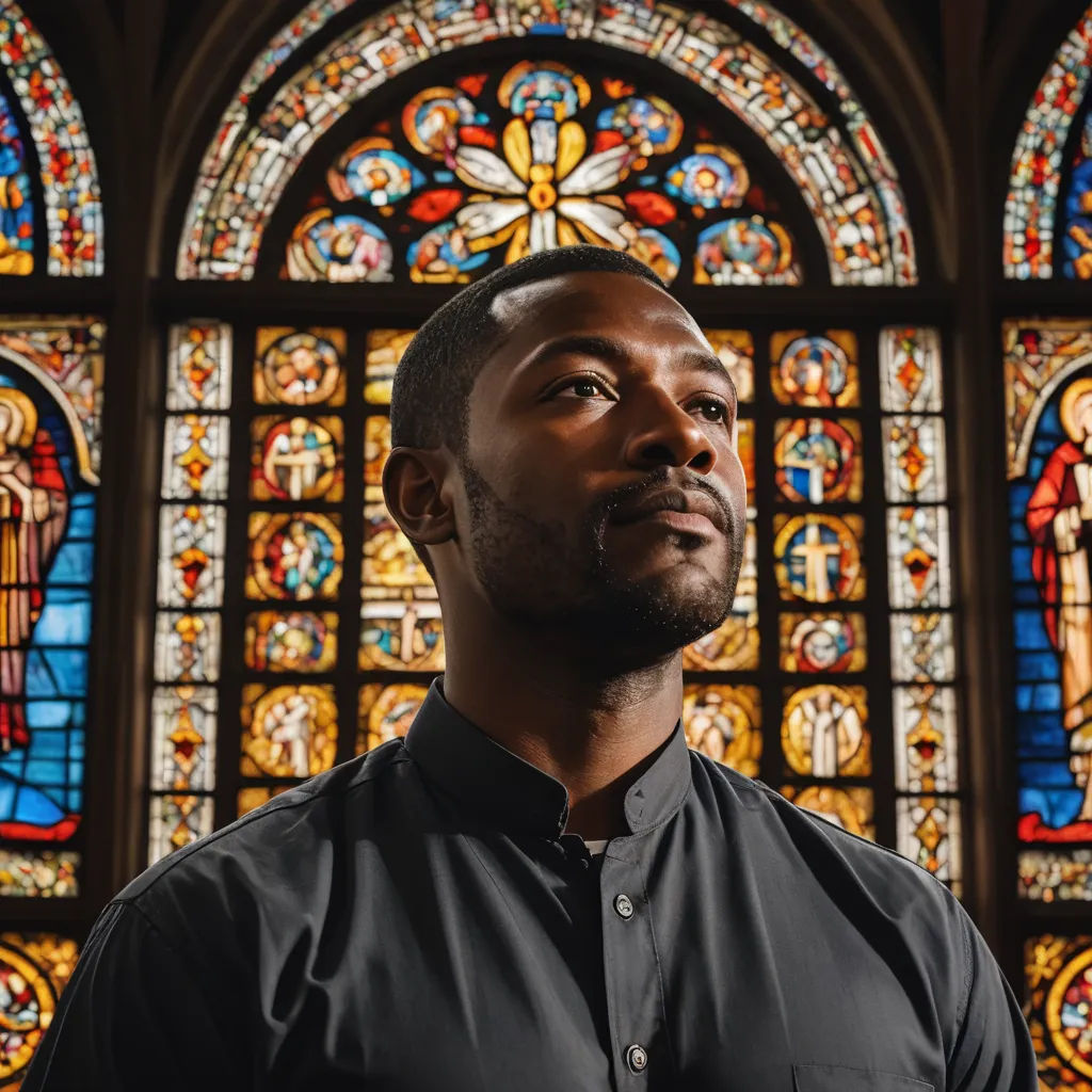 a man standing in front of a stained glass window in a church with a cross on it's chest, black arts movement, a character portrait, Derold Page, promotional image