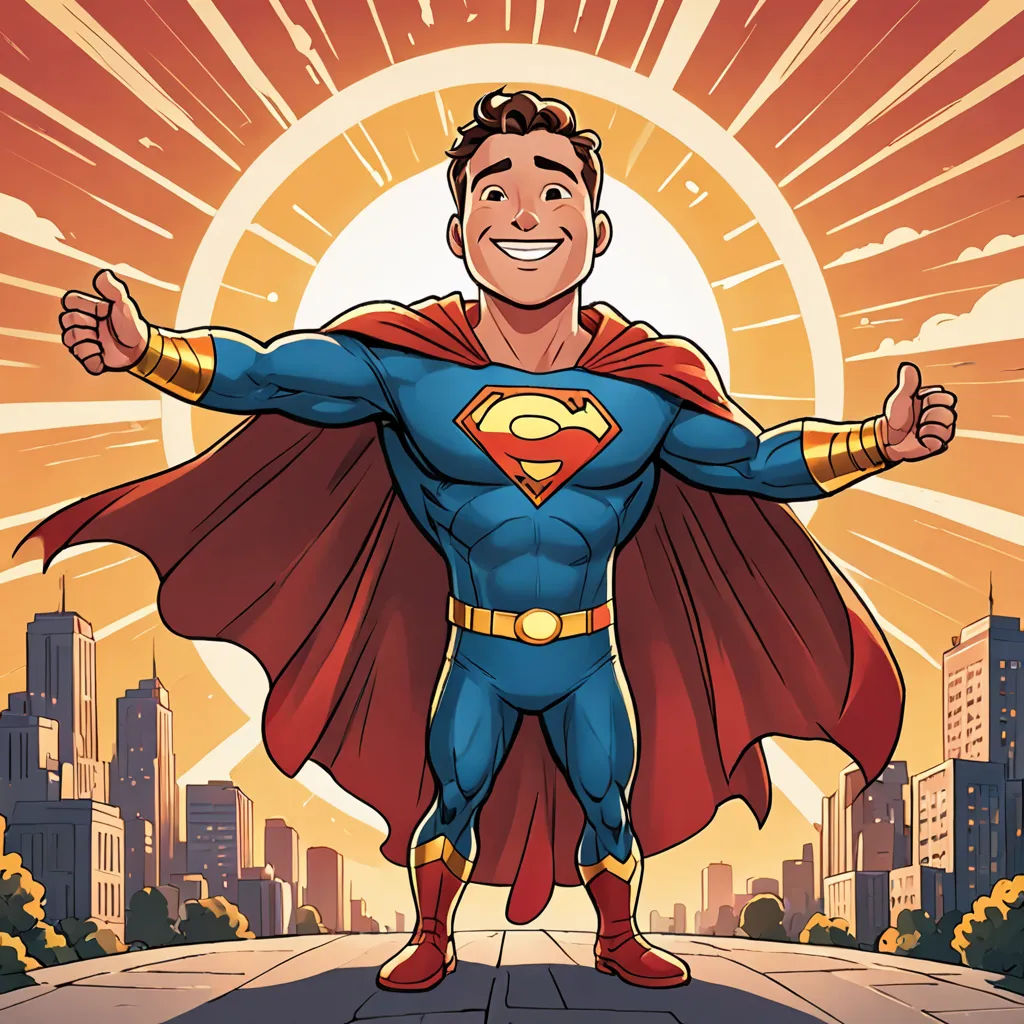 a man in a superman suit standing on a street with his arms outstretched and his hands out in the air, superflat, a comic book panel, Diego Gisbert Llorens, rossdraws global illumination