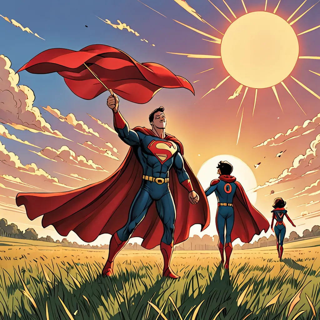 a man in a superman suit holding a red flag while standing in a field with two other men in the background, superflat, a comic book panel, Chris LaBrooy, comic cover art