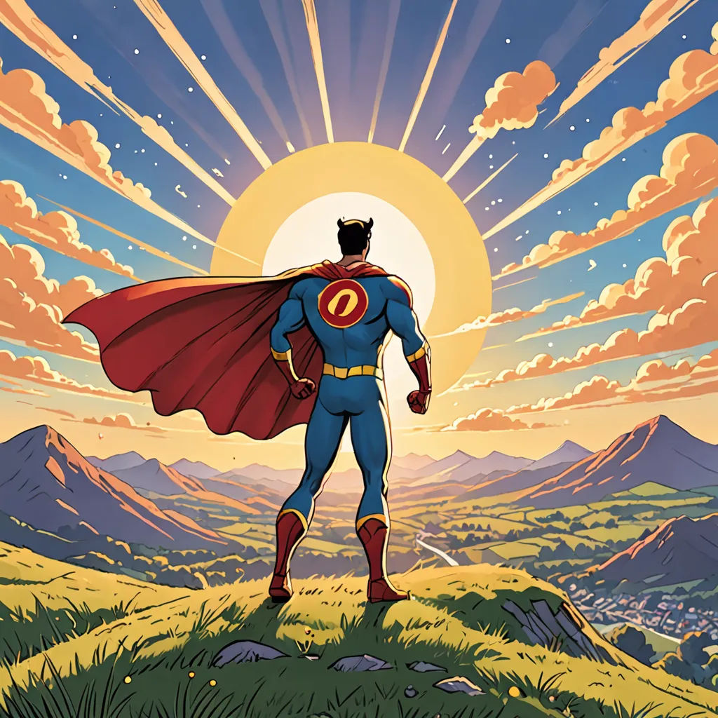 a man in a superman suit standing on a hill with a sunset behind him and clouds in the sky, superflat, a comic book panel, Chris LaBrooy, josan gonzales and dan mumford