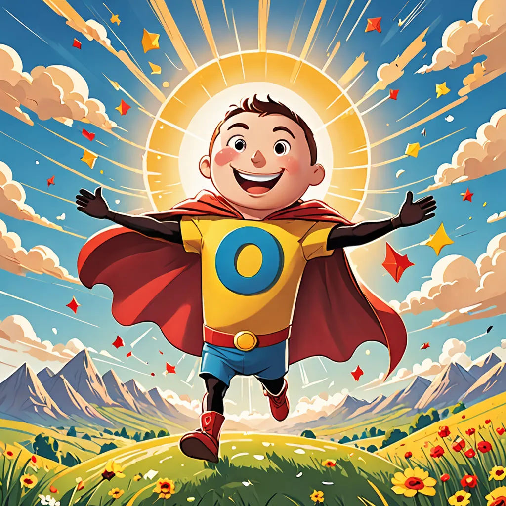 a cartoon boy in a red cape and yellow shirt is running through a field with flowers and mountains in the background, lyco art, a storybook illustration, Diego Gisbert Llorens, comic cover art
