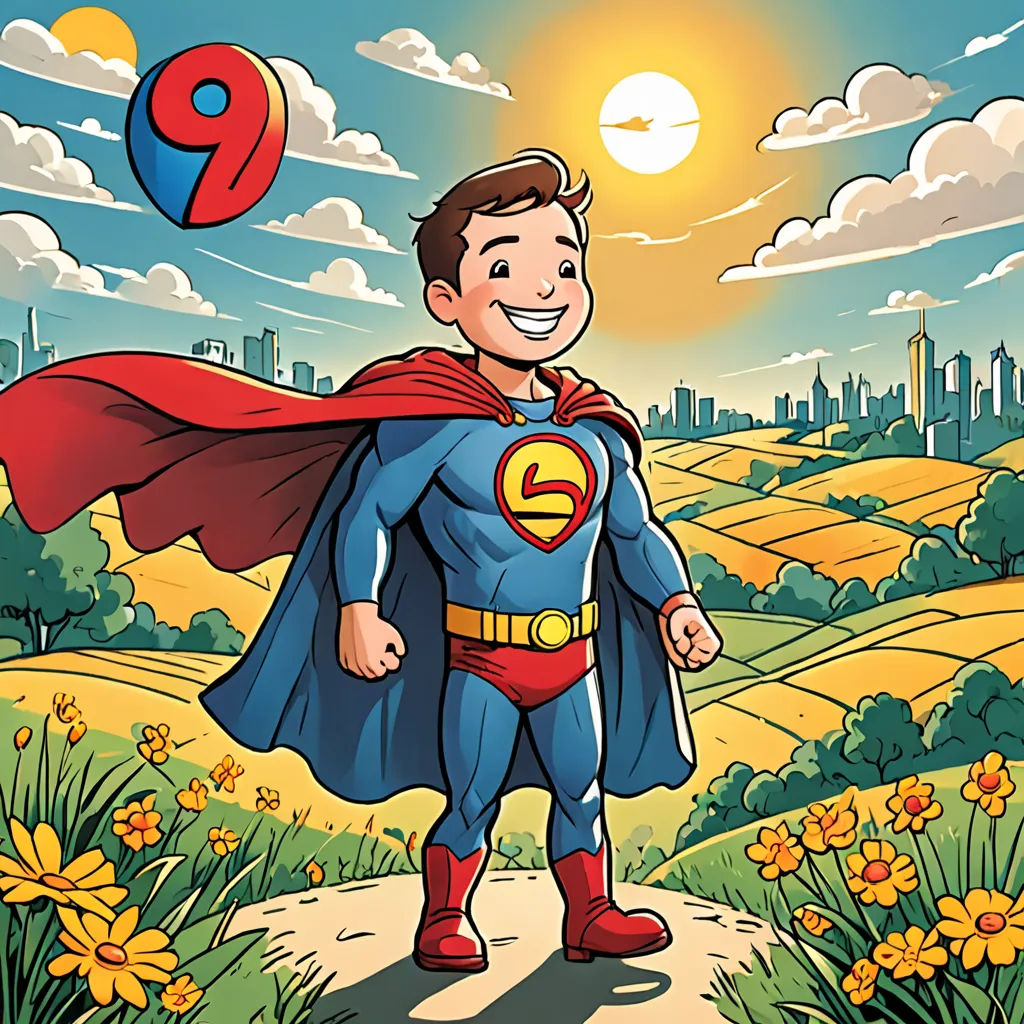 a cartoon of a man in a superman costume standing in a field with a balloon in the air and a city in the background, superflat, a comic book panel, Diego Gisbert Llorens, comic cover art