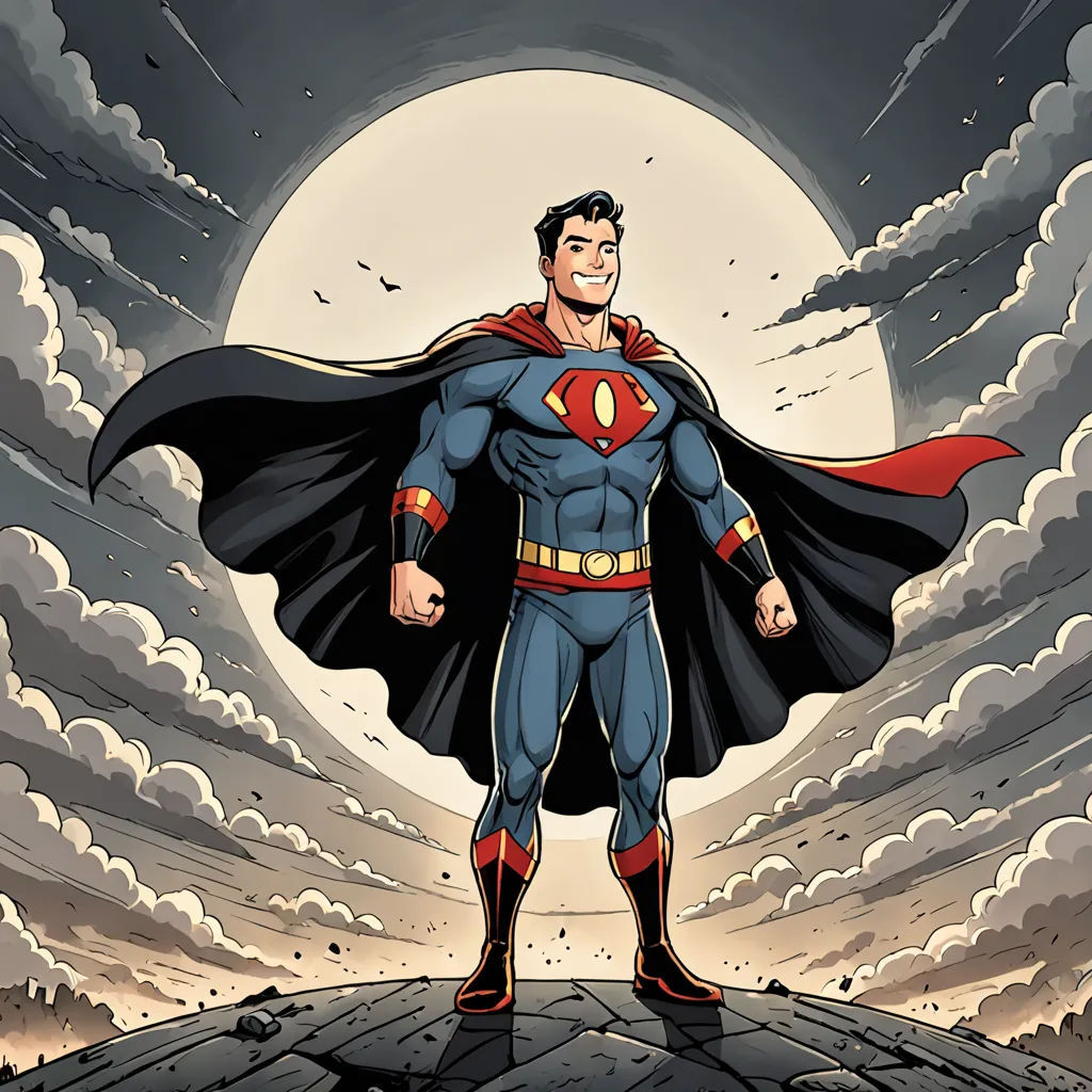 a man in a superman suit standing on a rock under a cloudy sky with a full moon behind him, superflat, a comic book panel, Alan Davis, josan gonzales and dan mumford