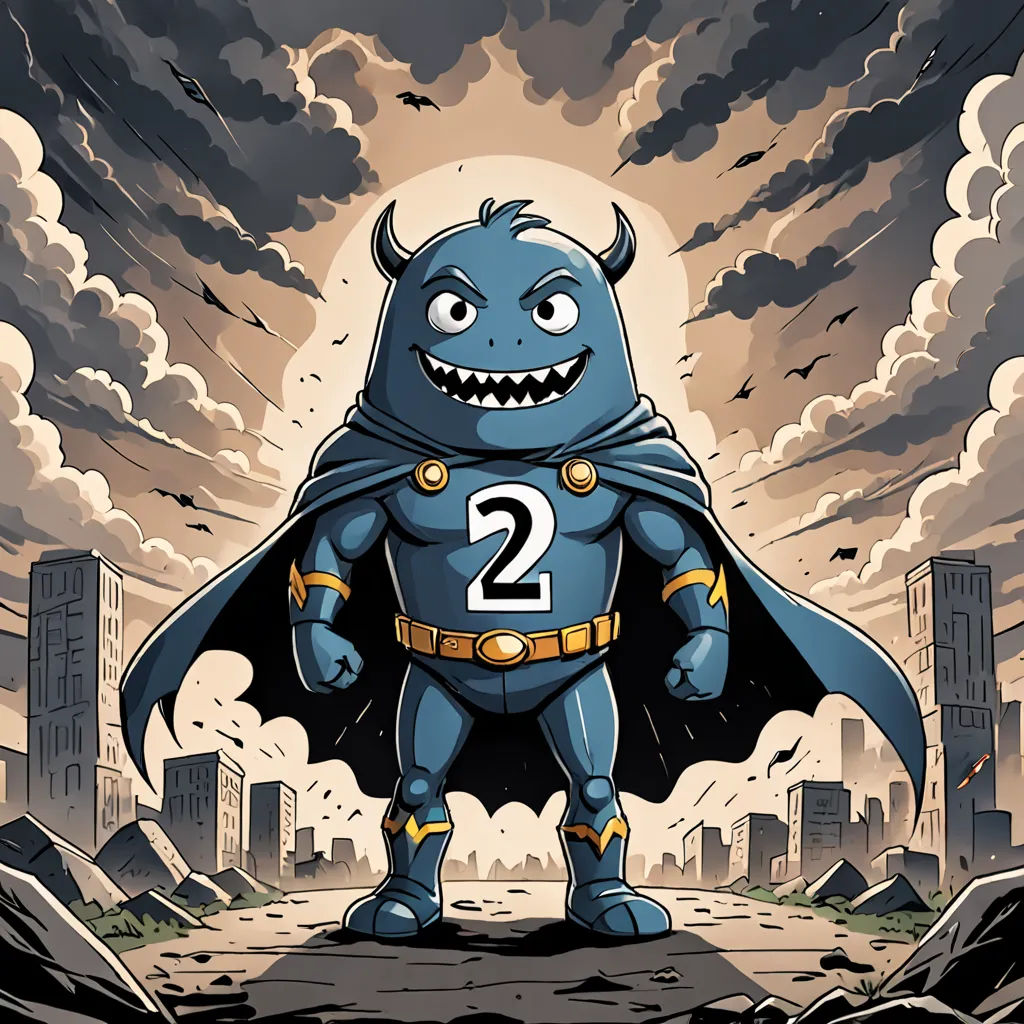 a cartoon character dressed as a superhero with a number 2 on his chest and a city in the background, superflat, a character portrait, Diego Gisbert Llorens, 2 d game art