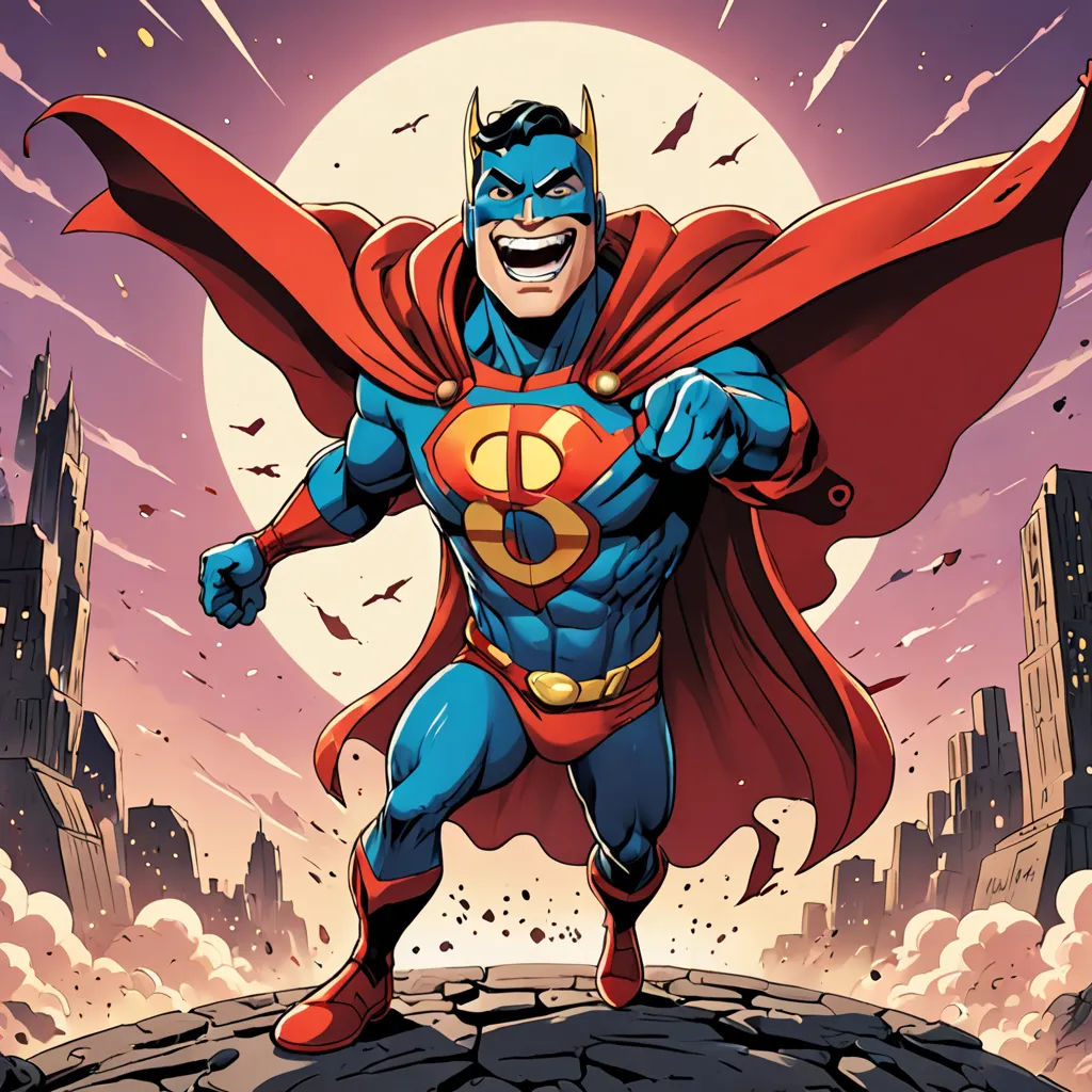 a man in a superman costume standing on a rock with his cape open and his hands out in front of him, superflat, a comic book panel, Alan Davis, comic cover art