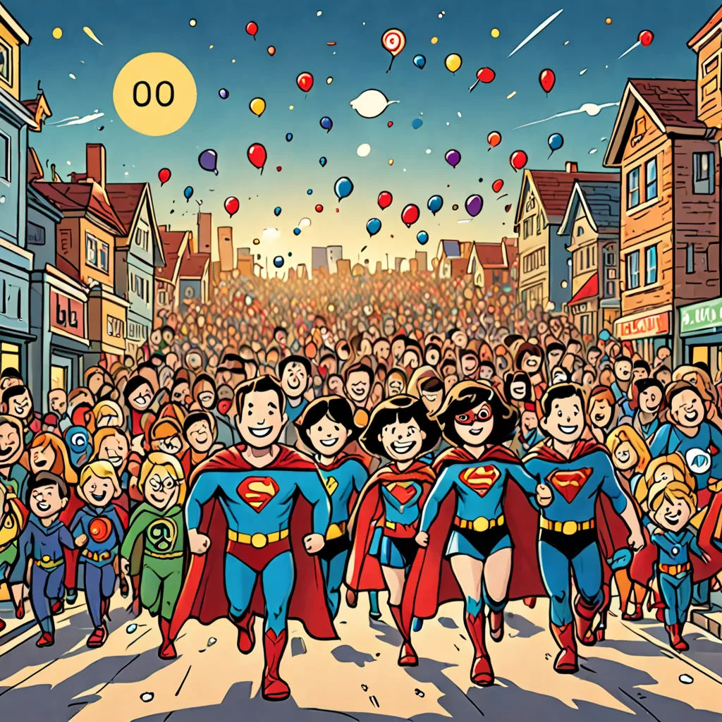 a group of people in costumes are walking down a street with balloons in the air above them and a crowd of people in the background, superflat, a comic book panel, Asaf Hanuka, comic cover art