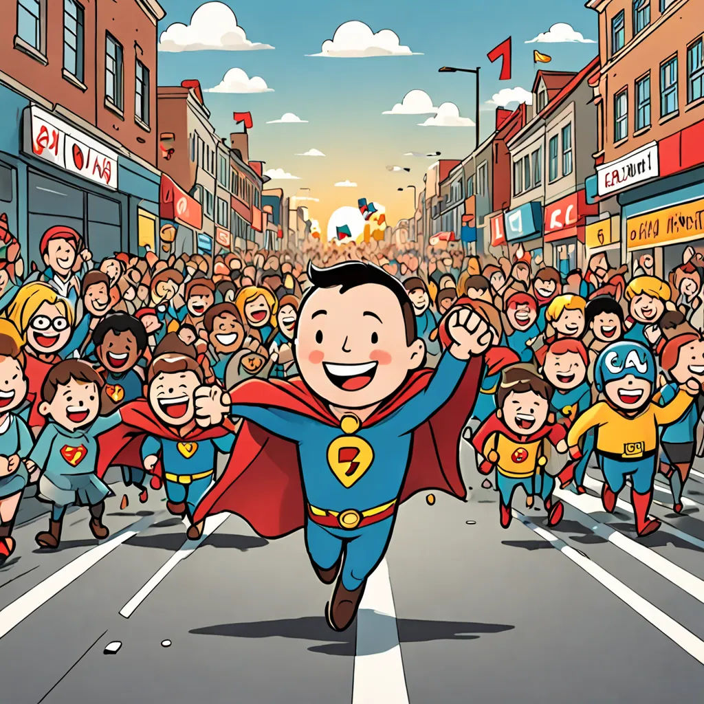 a cartoon of a man dressed as a superman running in a parade with a crowd of people behind him, superflat, a comic book panel, Asaf Hanuka, comic cover art