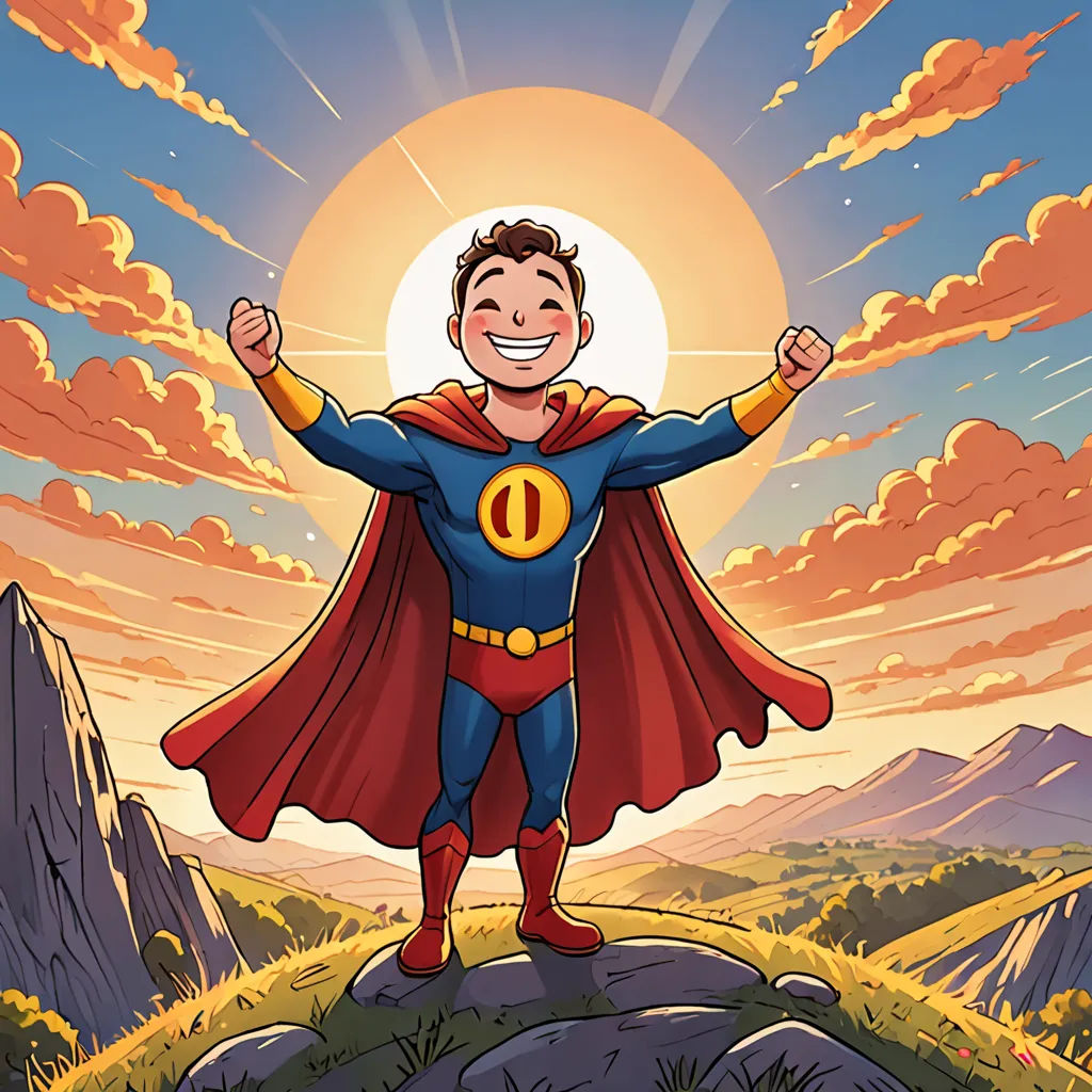 a cartoon of a man in a superman costume standing on a hill with his arms up in the air, superflat, a comic book panel, Diego Gisbert Llorens, josan gonzales and dan mumford