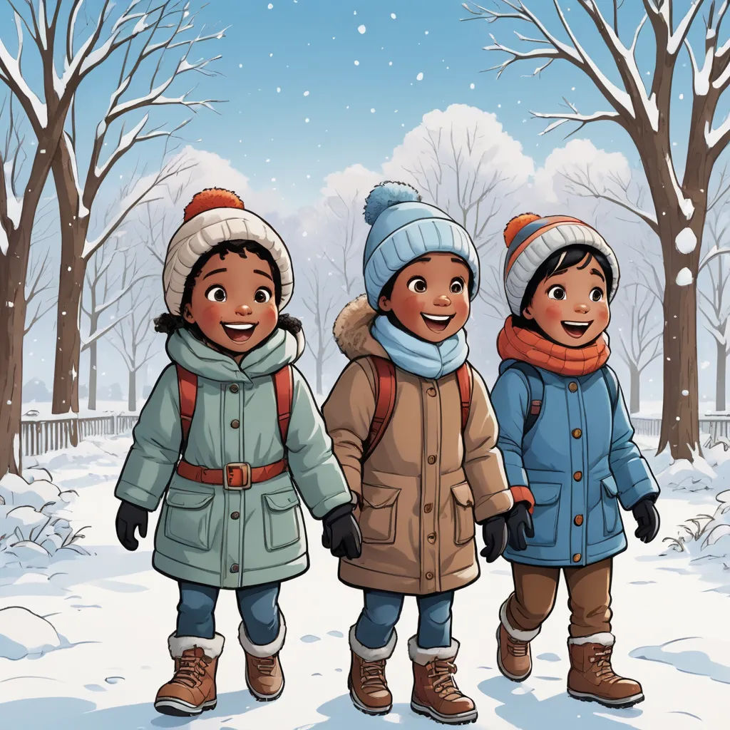 three children walking in the snow in winter clothes and hats, with a dog in the background, in a snowy park, lyco art, a storybook illustration, Diego Gisbert Llorens, comic cover art