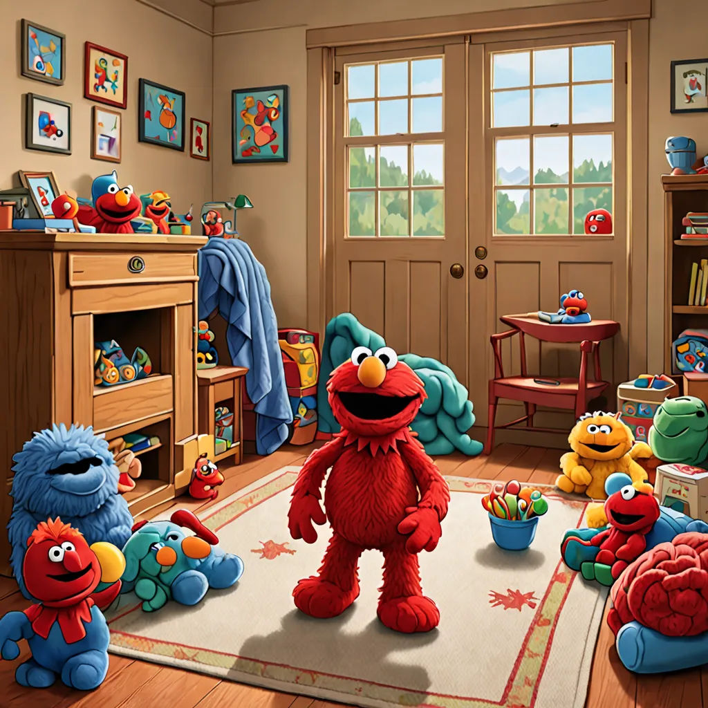 a sesame street scene with a sesame street character and a bunch of toys in the room with the sesame street characters, american scene painting, a character portrait, Chris LaBrooy, promotional image