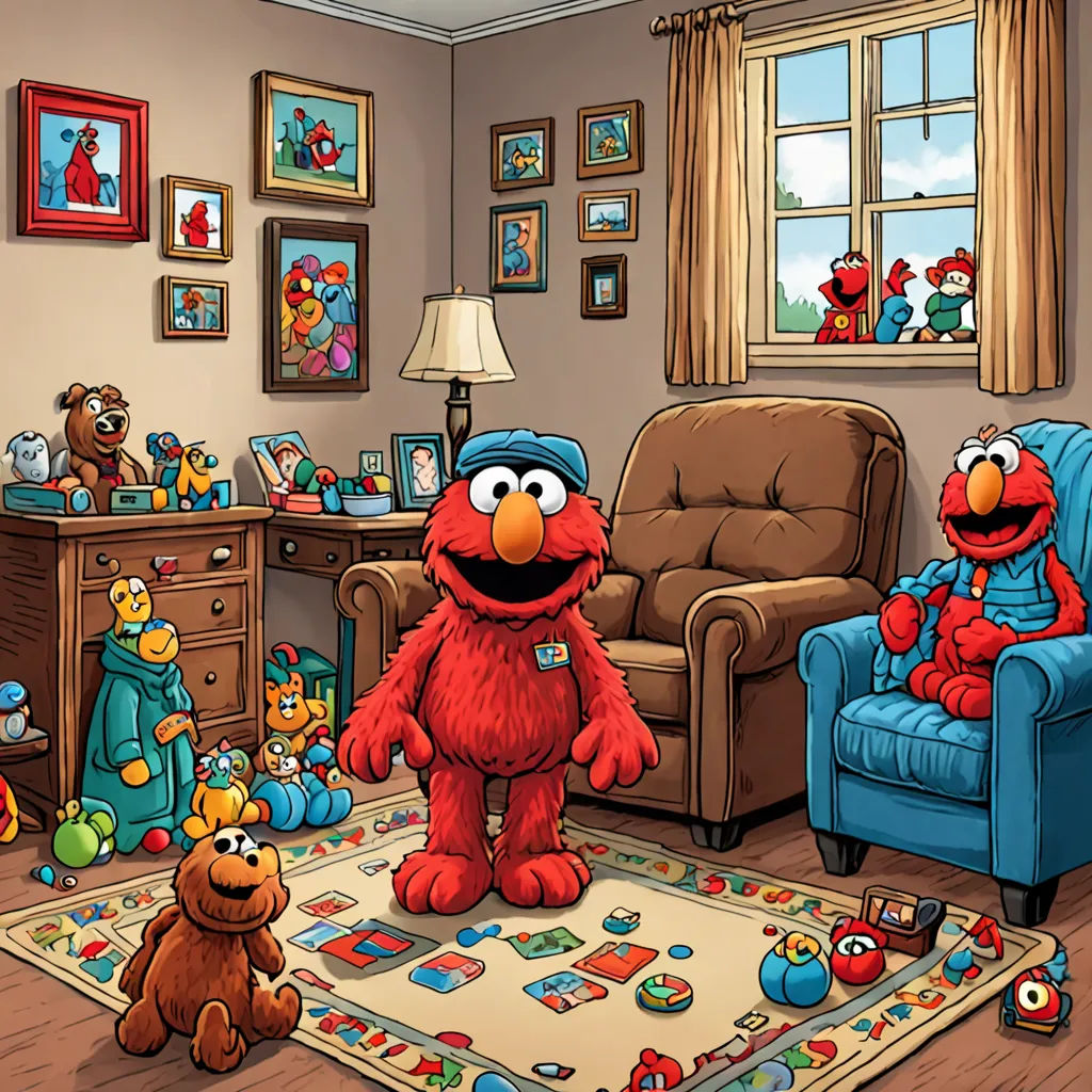 a living room with a rug and a couch with sesame characters on it and a chair with a stuffed animal on it, sots art, a storybook illustration, Art Brenner, official art