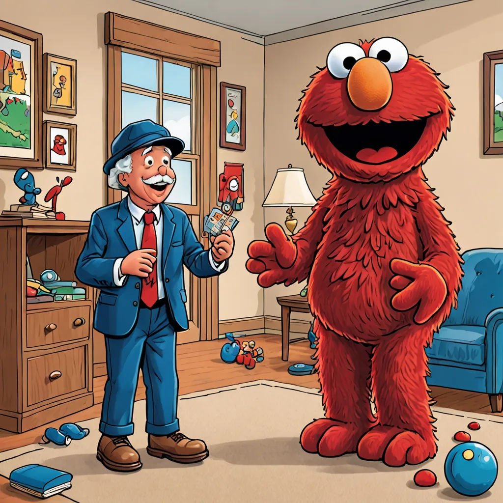 a man in a suit and tie standing next to a sesame character in a living room with toys and a blue couch, sots art, a storybook illustration, Art Brenner, official art