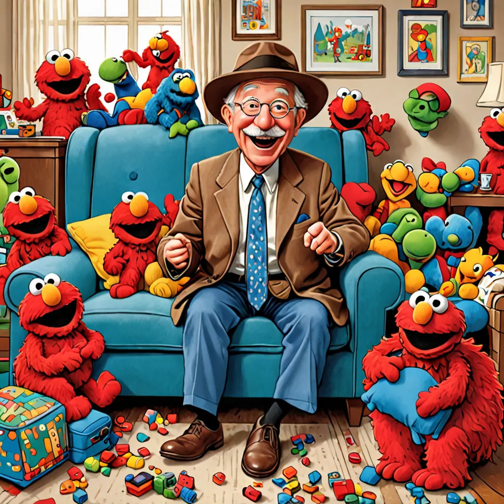 a man sitting on a blue couch surrounded by sesame characters and stuffed animals in a living room with a window, fantastic realism, a character portrait, Cliff Childs, official art