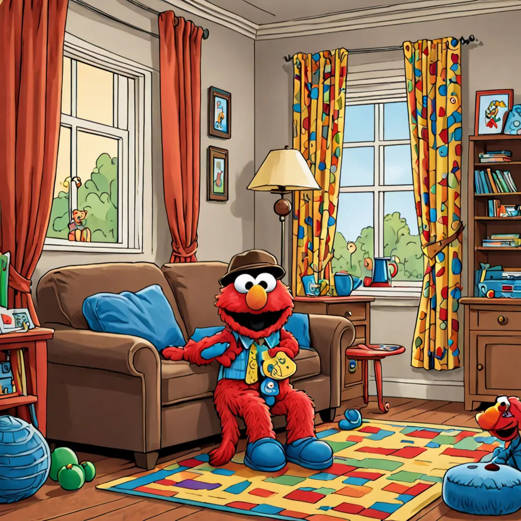 a living room with a sesame the sesame character on the rug and a sesame the pooh character on the floor, lyco art, a storybook illustration, Art Brenner, official art
