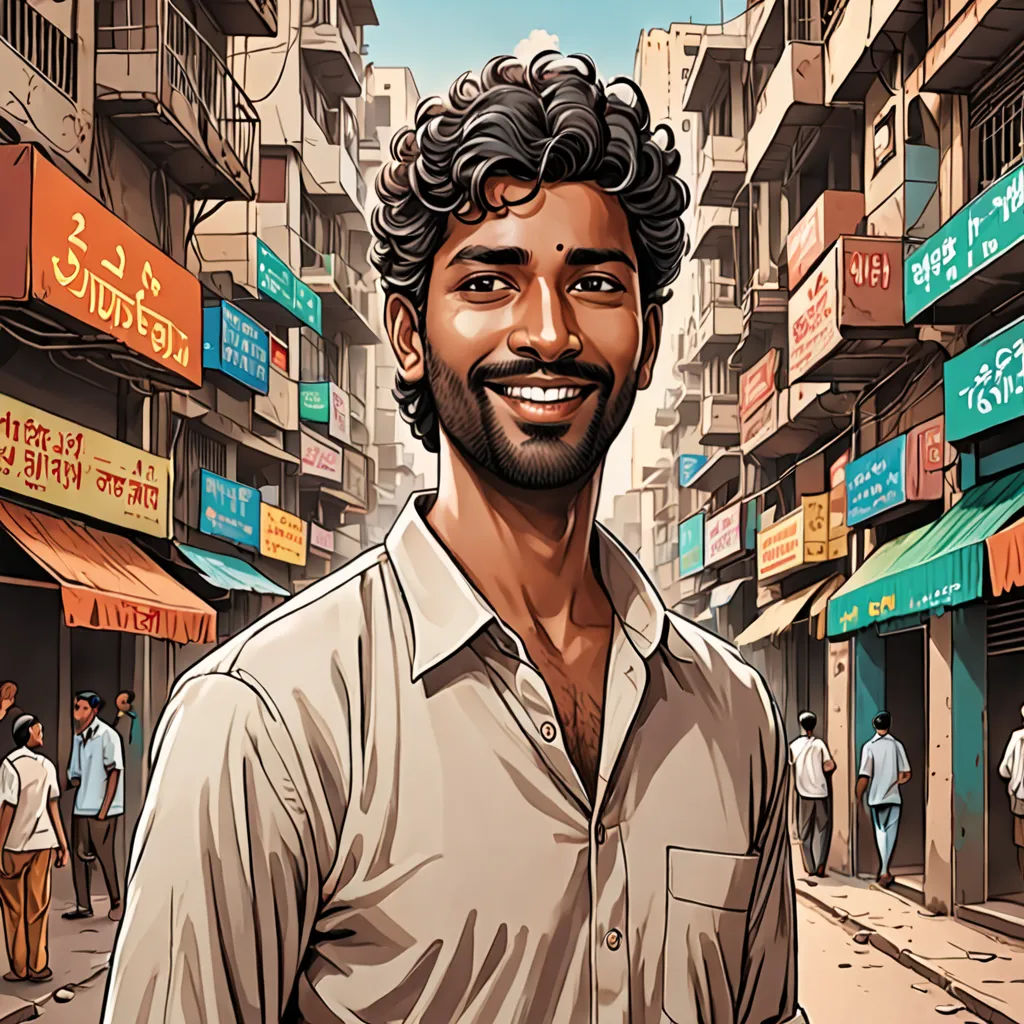 a man standing in front of a street with buildings and signs on it, in a cartoon style, with a smiling face, samikshavad, a character portrait, Bikash Bhattacharjee, jayison devadas