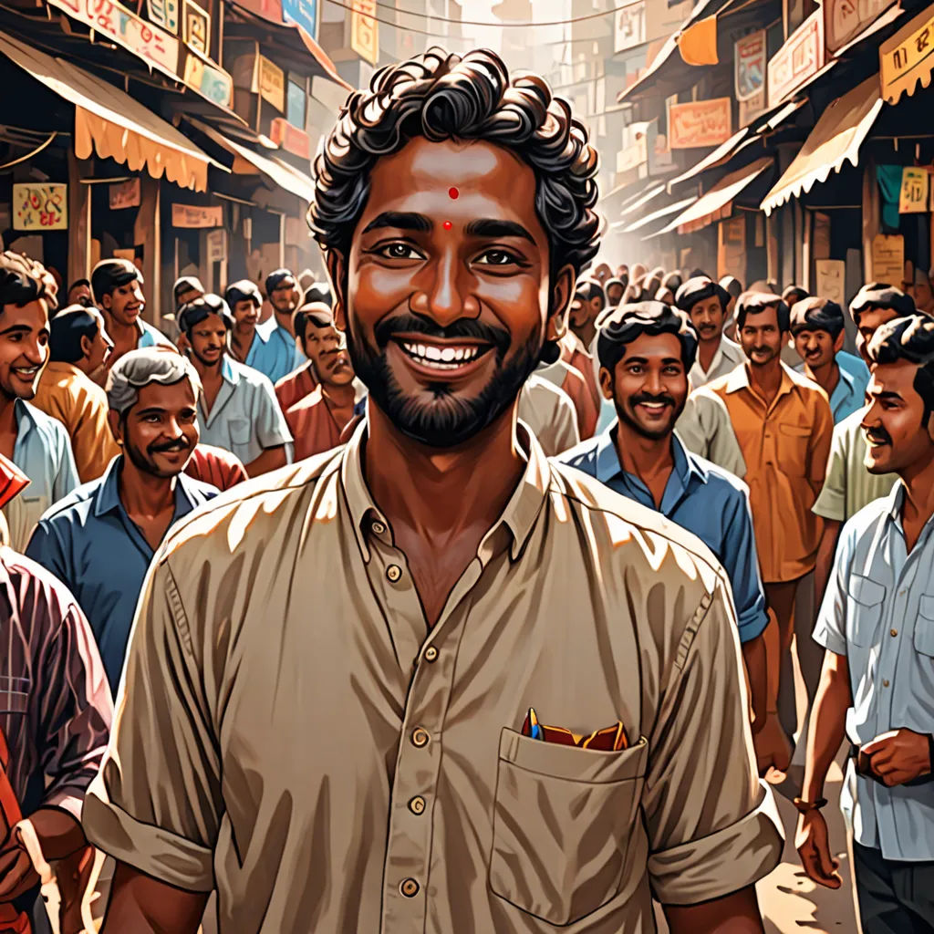 a man standing in front of a crowd of people in a street with a man with a beard smiling, samikshavad, poster art, Ella Guru, highly detailed digital painting