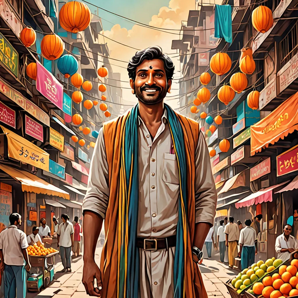 a man standing in a street with a cart of fruit in front of him and a sky background with oranges, samikshavad, a character portrait, Ella Guru, jayison devadas