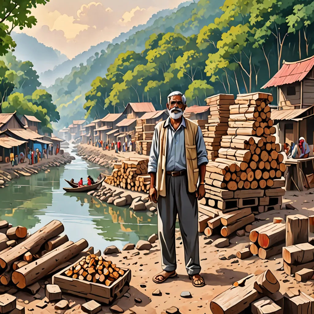 a man standing in front of a river filled with logs and logs next to a forest filled with trees, naive art, a storybook illustration, Dan Mumford, highly detailed digital painting