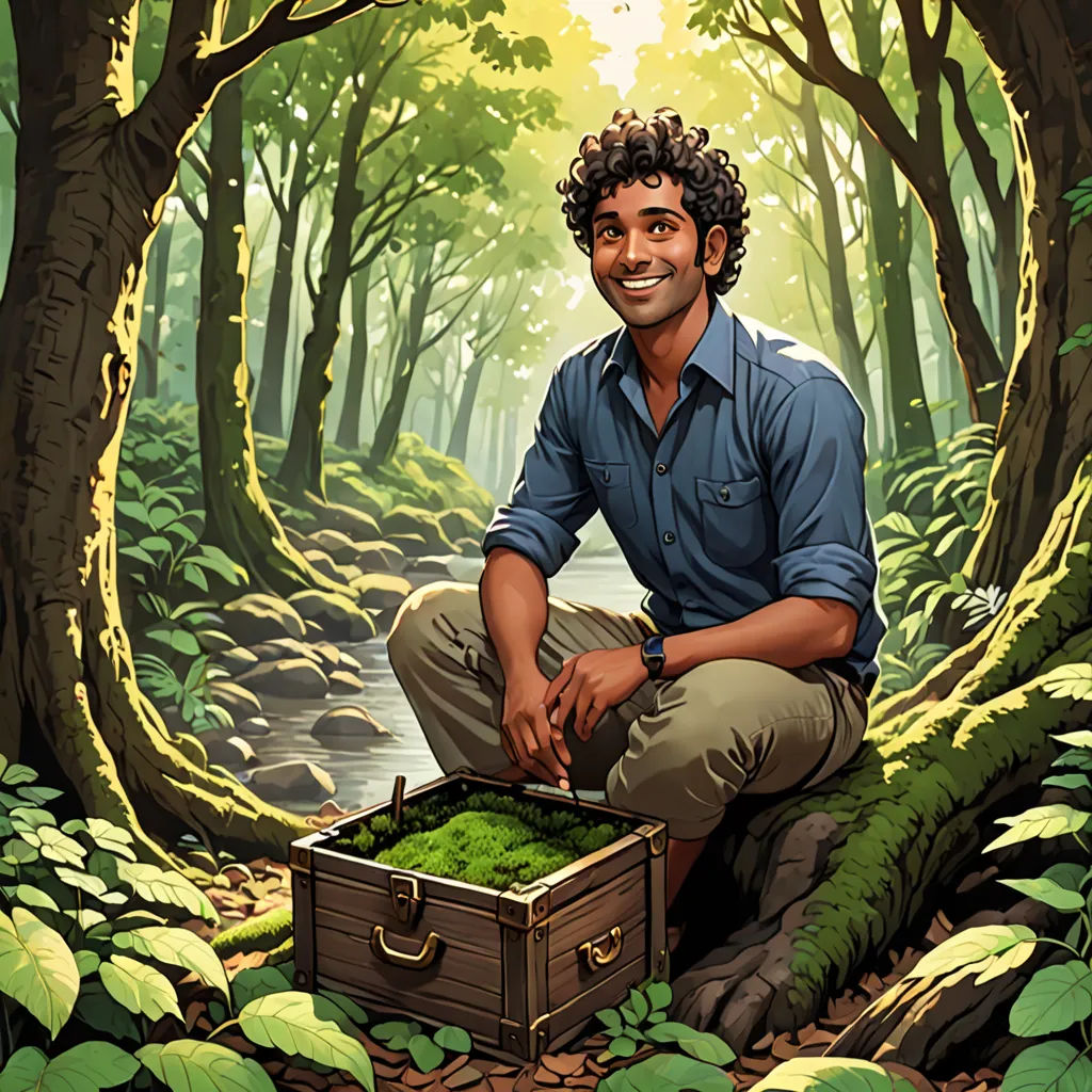 a man kneeling down in a forest with a briefcase in front of him and a forest background with trees and leaves, samikshavad, a character portrait, Aaron Jasinski, jayison devadas