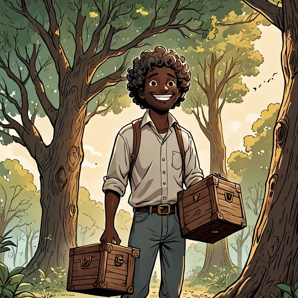 a man with two suitcases walking through a forest with trees on both sides of him and a smile on his face, process art, a character portrait, Cedric Seaut (Keos Masons), comic cover art
