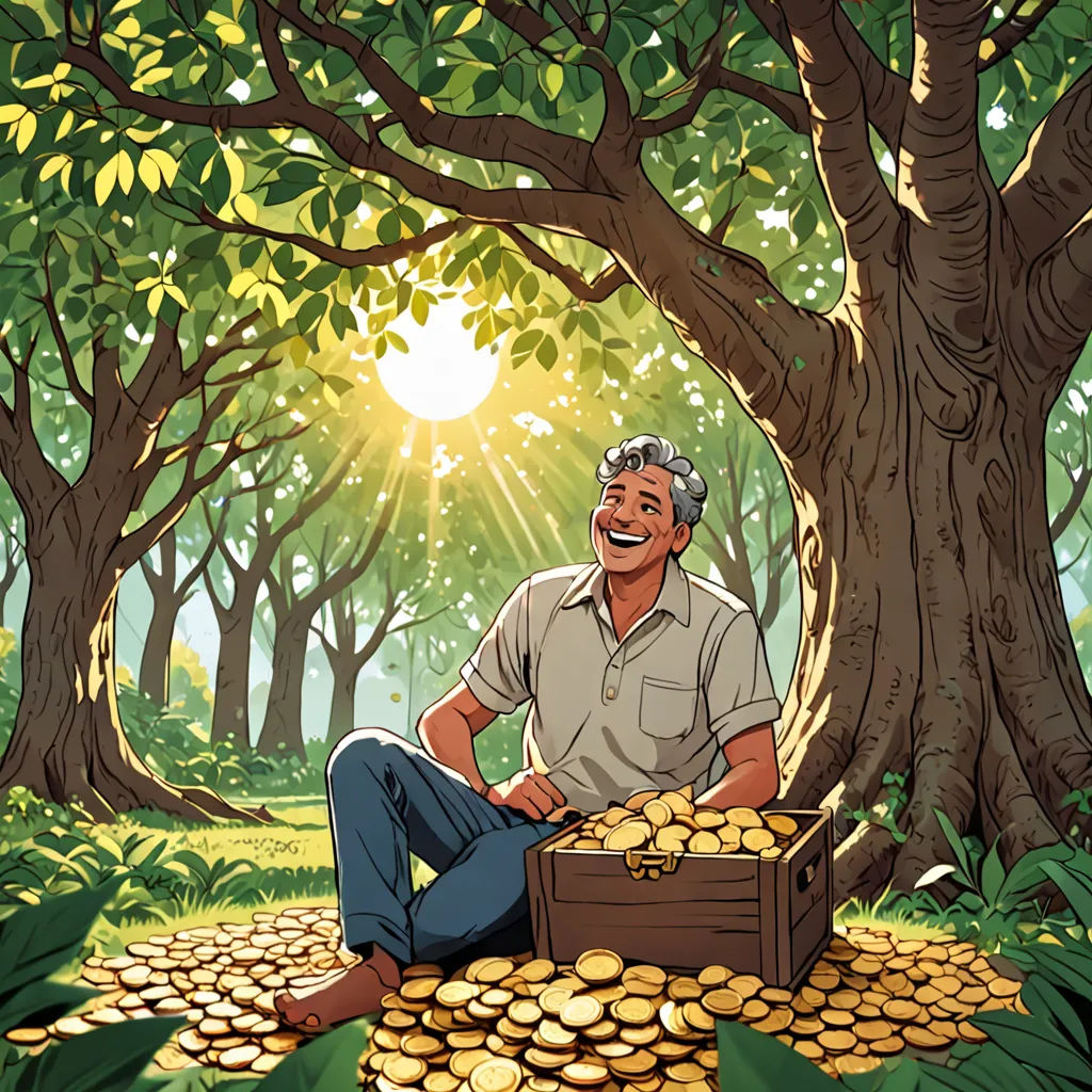 a man sitting on a box in the middle of a forest with gold coins around him and a tree, context art, a storybook illustration, Asaf Hanuka, storybook illustration