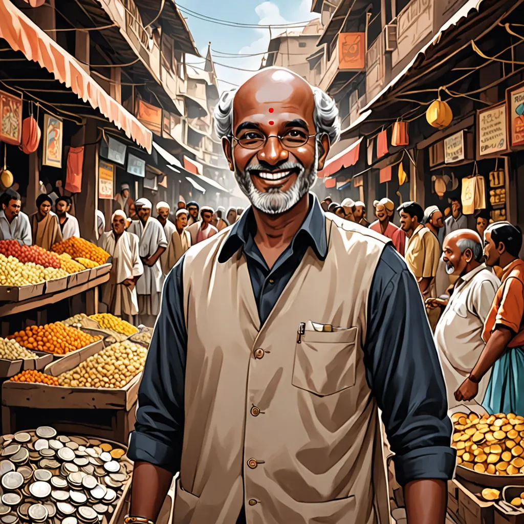 a man standing in a market with a lot of food on display in front of him and smiling at the camera, samikshavad, a storybook illustration, Bikash Bhattacharjee, high detail illustration