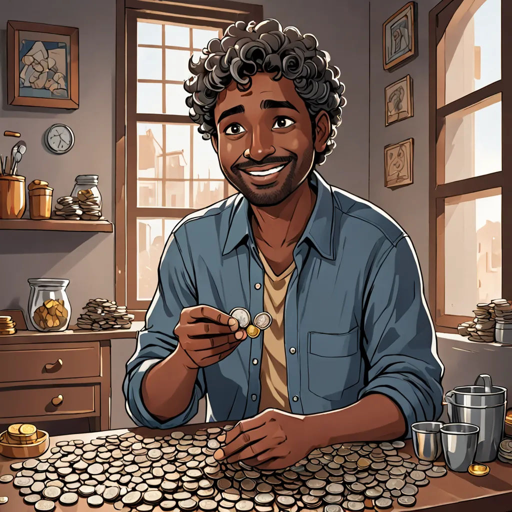 a man is sitting at a table with a lot of coins in front of him and a clock on the wall, serial art, a character portrait, Cedric Seaut (Keos Masons), character portrait
