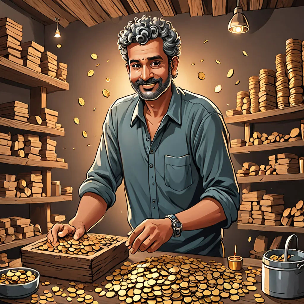 a man is standing in front of a shelf of gold coins and a box of coins in front of him, serial art, a character portrait, Bikash Bhattacharjee, game art