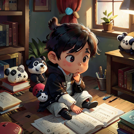 a boy sitting on a desk with a book and stuffed animals in front of him and a lamp on the desk