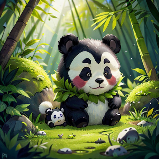 a panda bear sitting in the middle of a forest with bamboo trees and rocks on the ground and a baby panda in the grass