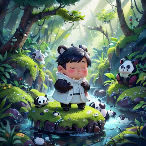 a boy in a panda suit is sitting on a small island in the middle of a forest with pandas
