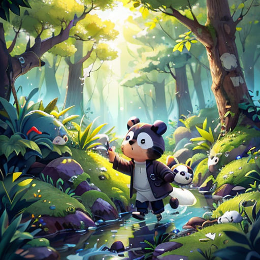 a cartoon panda bear and panda cub are walking through a forest with a stream and trees in the background
