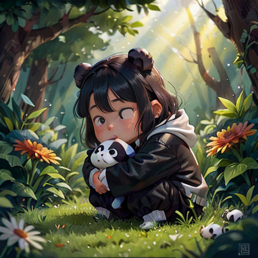 a girl holding a panda bear in a forest with sunbeams and flowers on the ground, with a panda bear in her arms