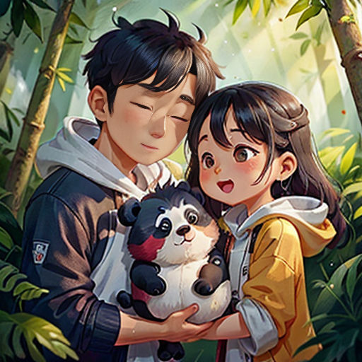 a couple holding a panda bear in the jungle with trees and plants behind them, and a forest background