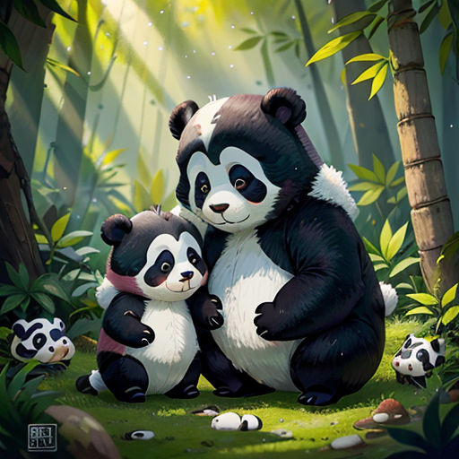 a couple of pandas sitting on top of each other in the forest with bamboo trees and rocks around them