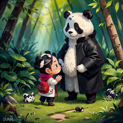 a panda and a little girl standing in the woods together, with pandas in the background and pandas in the foreground