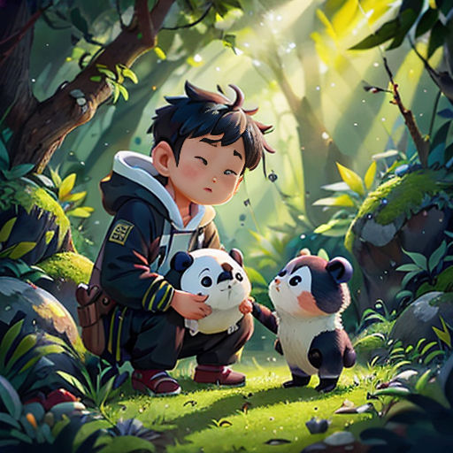a boy kneeling down next to two panda bears in a forest with sunlight streaming through the trees and grass