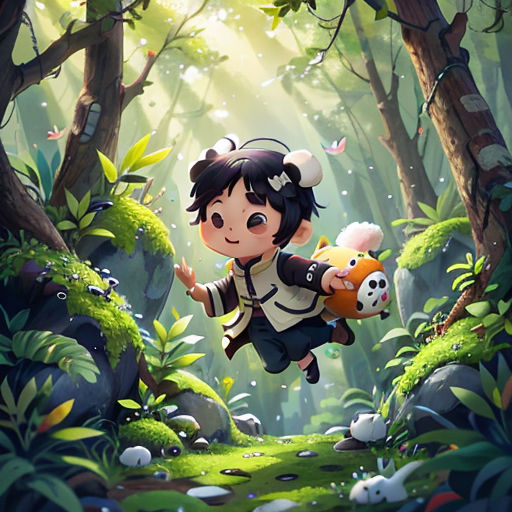 a girl flying through the air with a stuffed animal in her hand in a forest with trees and rocks