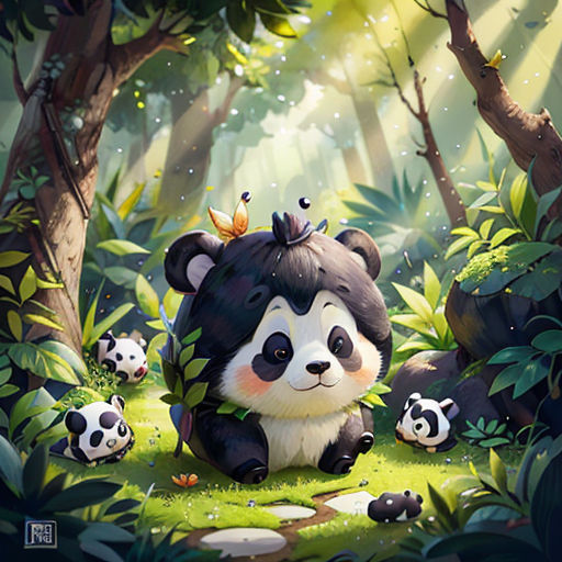 a panda bear sitting in the middle of a forest with other pandas around it and a bird on top of its head