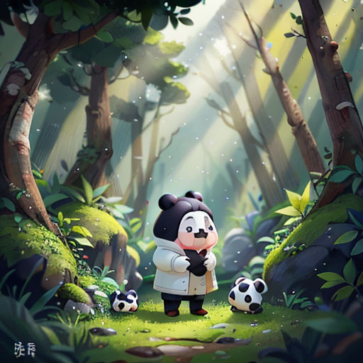 a panda bear holding a baby panda in a forest with pandas on the ground and a panda bear in the foreground