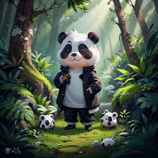 a panda bear standing in the middle of a forest with three pandas on the ground and a man in a black jacket