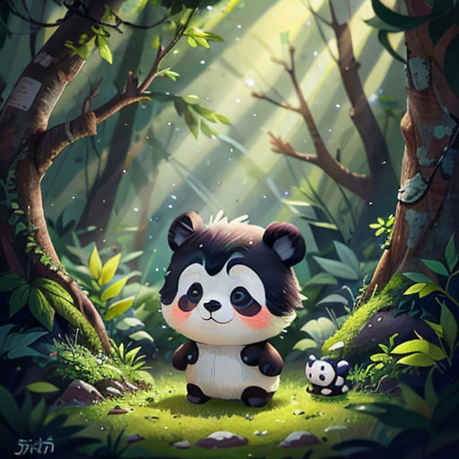 a panda bear sitting in the middle of a forest with a panda cub in it's lap and a panda cub in the background